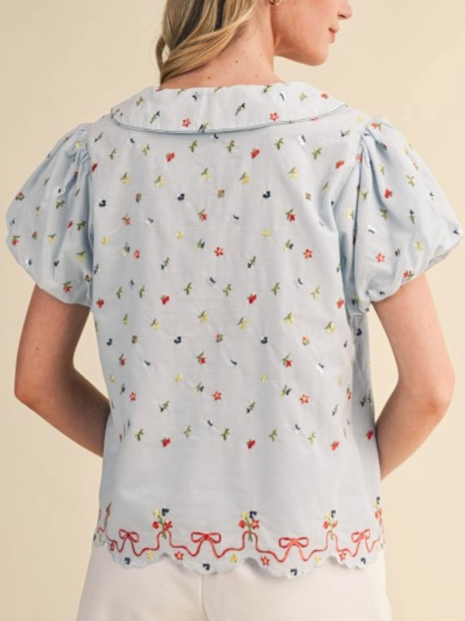 Baby blue floral embroidered short sleeves tied top
