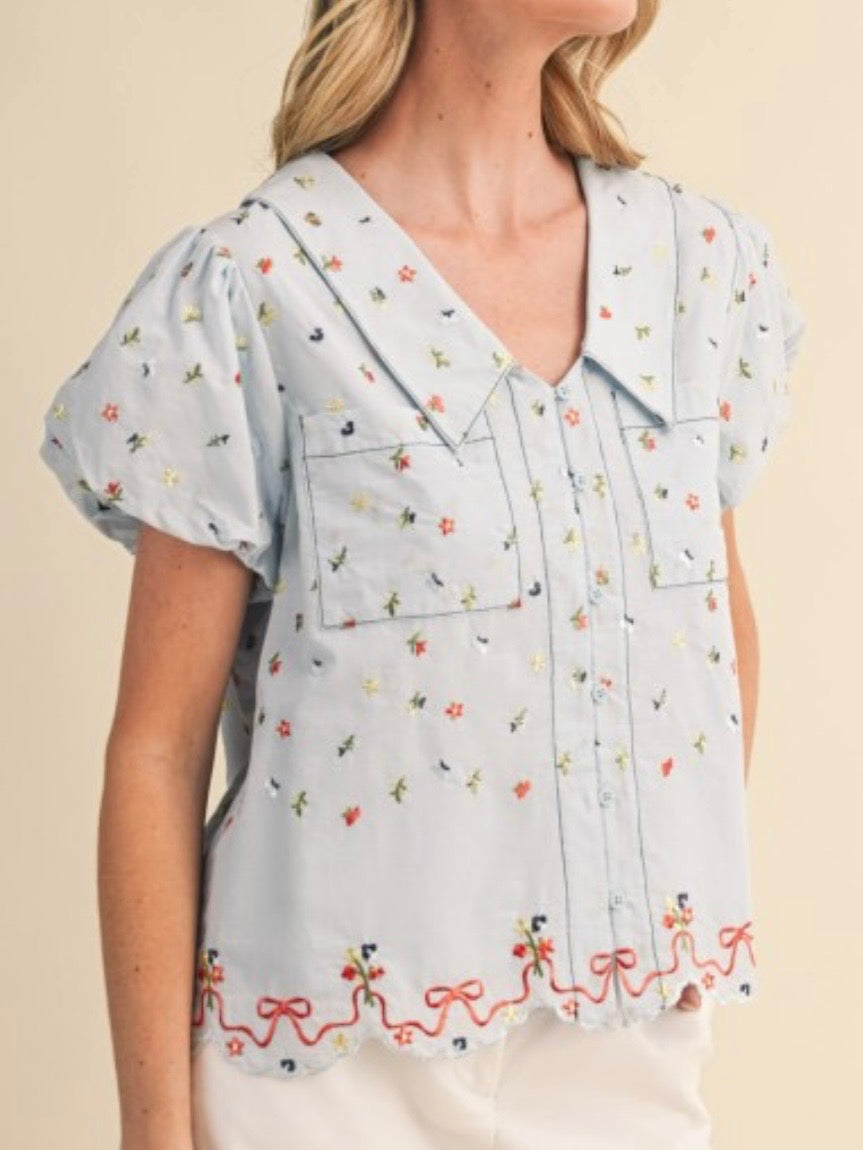 Baby blue floral embroidered short sleeves tied top