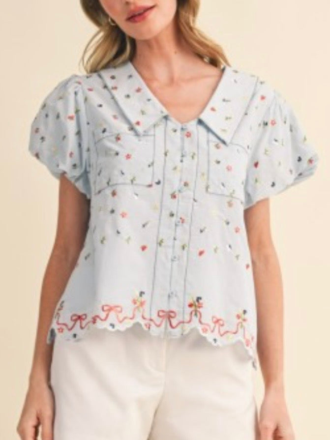 Baby blue floral embroidered short sleeves tied top
