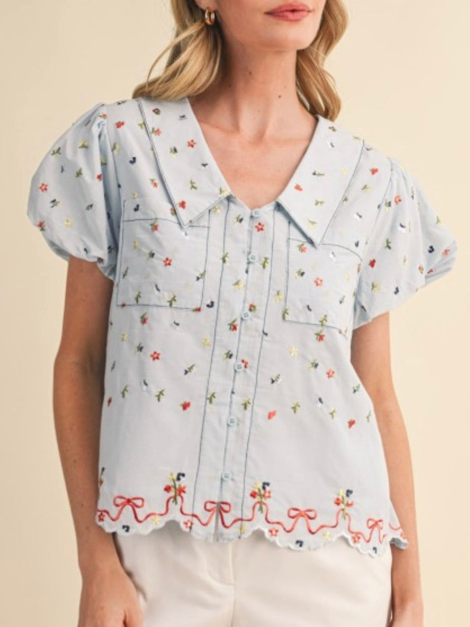 Baby blue floral embroidered short sleeves tied top