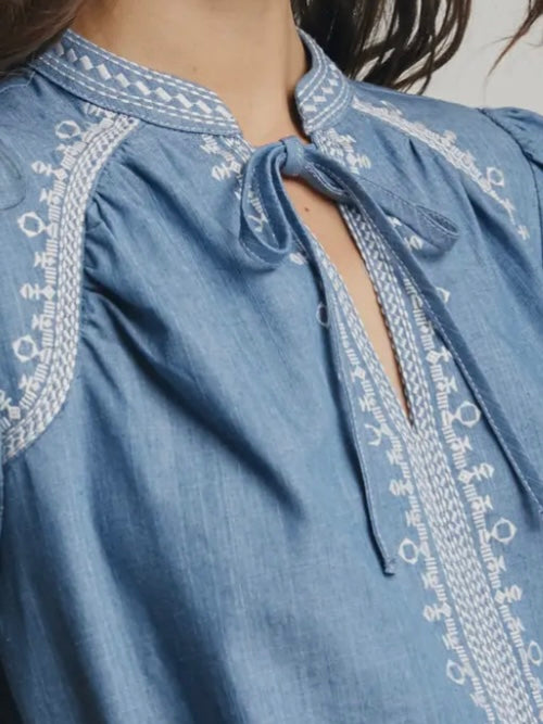 Denim Embroidered Blouse With Bead Detail