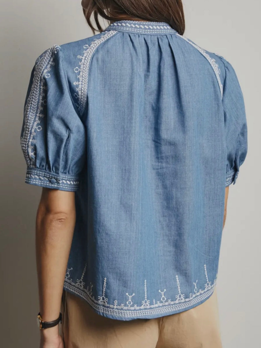 Denim Embroidered Blouse With Bead Detail