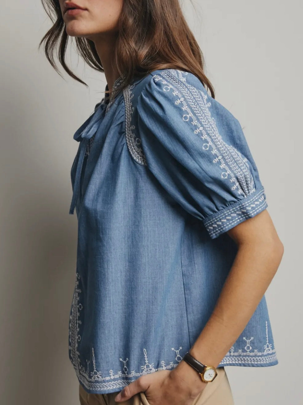 Denim Embroidered Blouse With Bead Detail