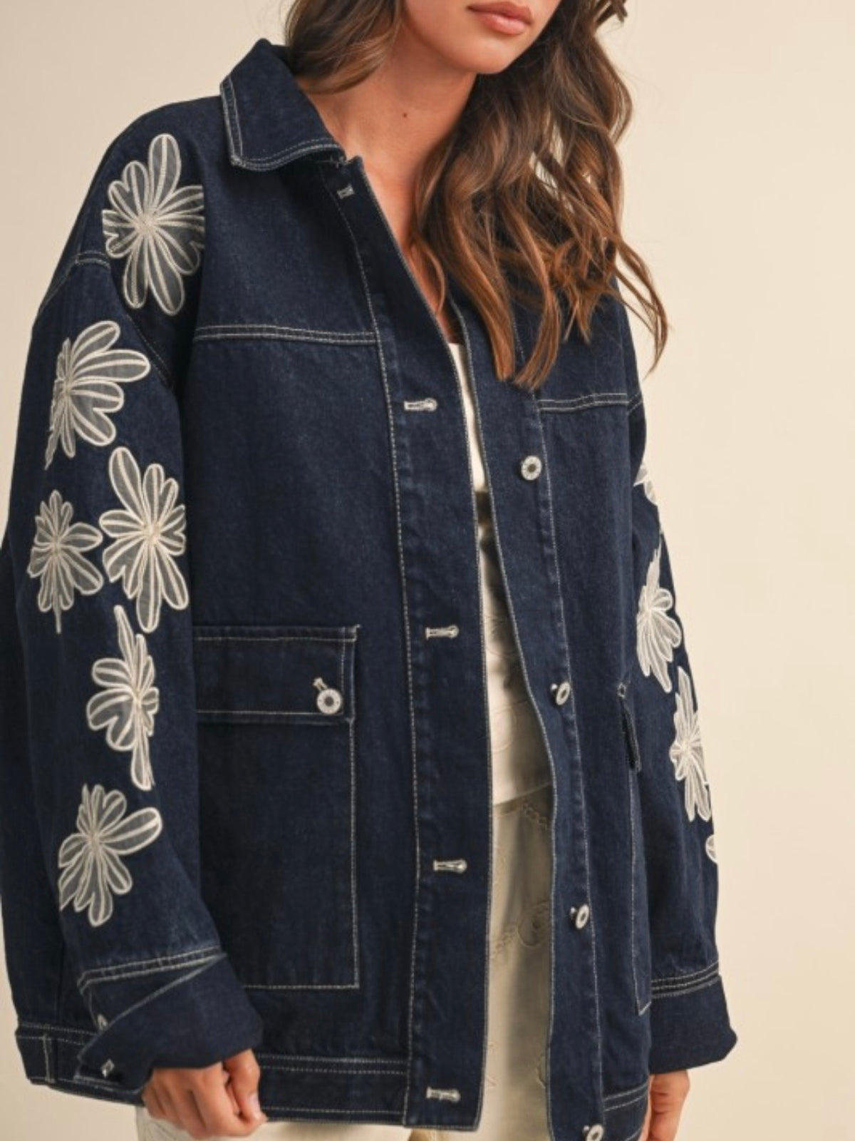 Blue jeans jacket floral embroidered details
