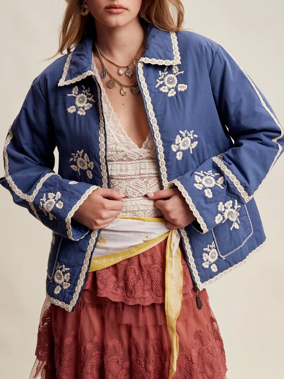 Light Blue jeans quilted jacket white floral embroidered details