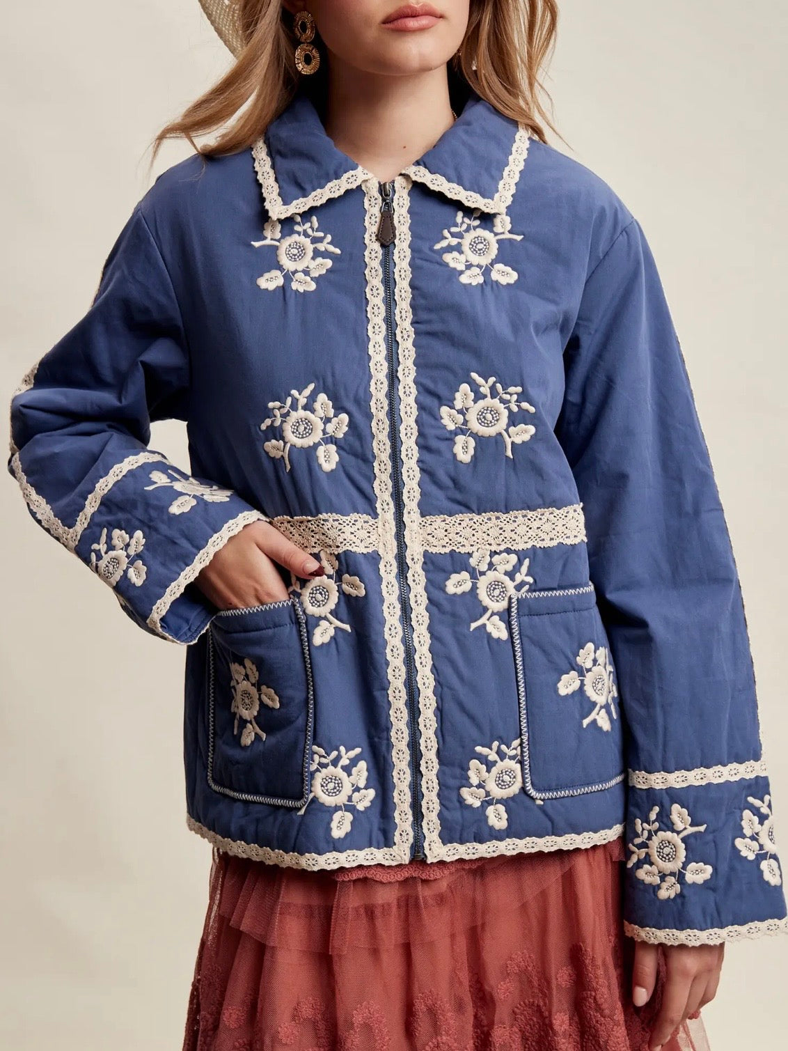Light Blue jeans quilted jacket white floral embroidered details