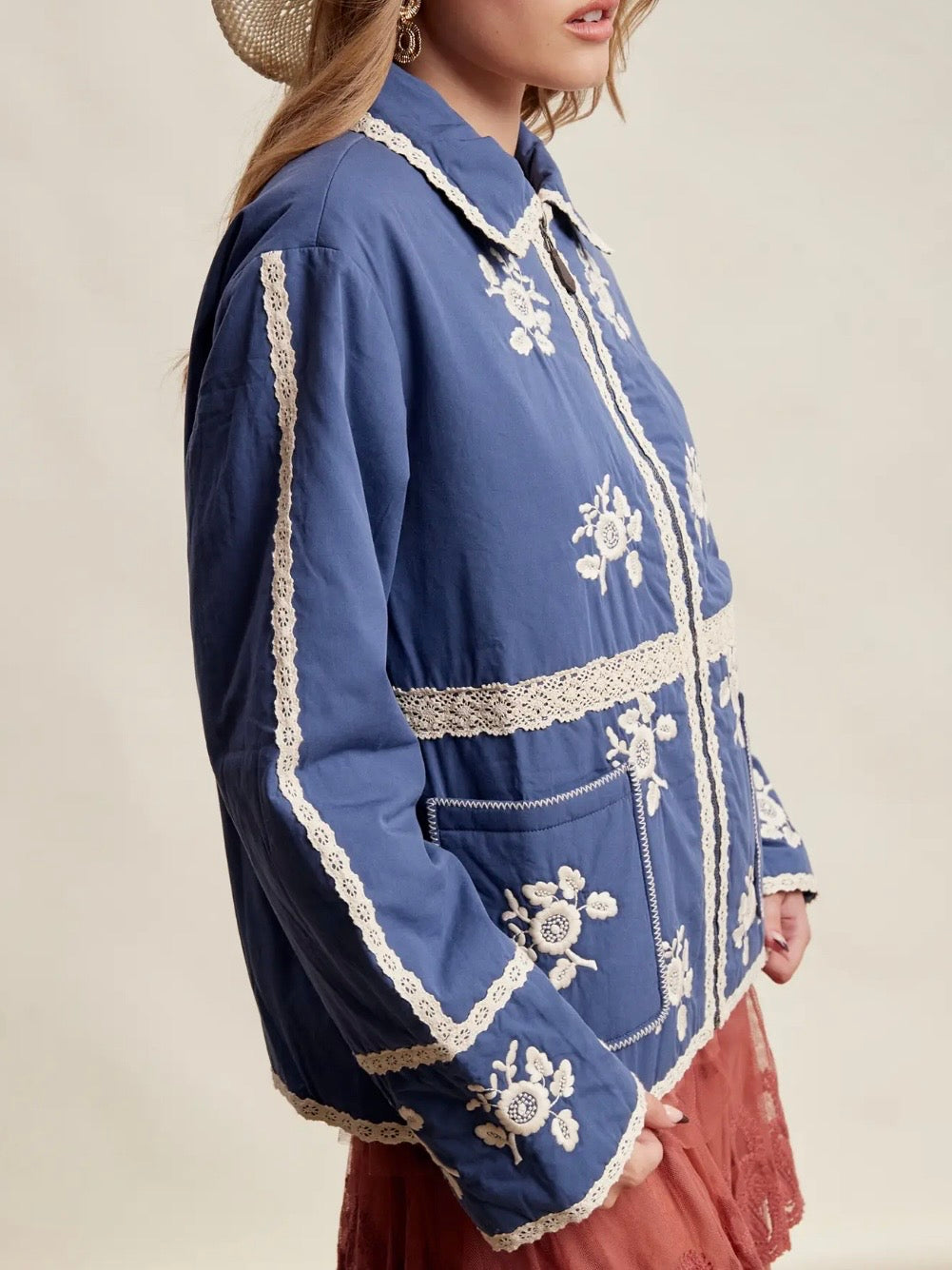 Light Blue jeans quilted jacket white floral embroidered details