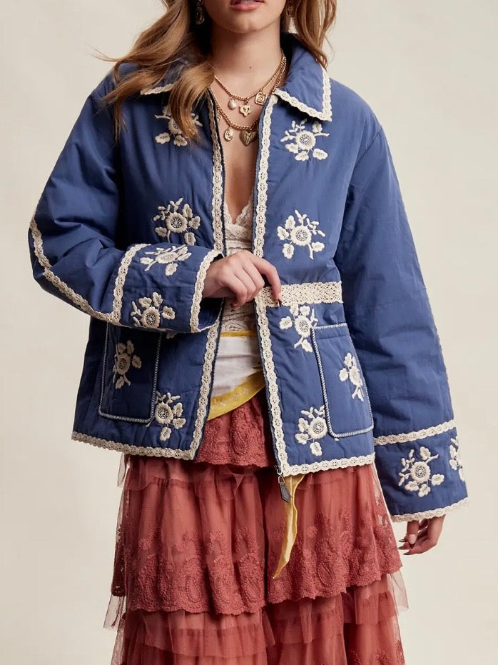Light Blue jeans quilted jacket white floral embroidered details