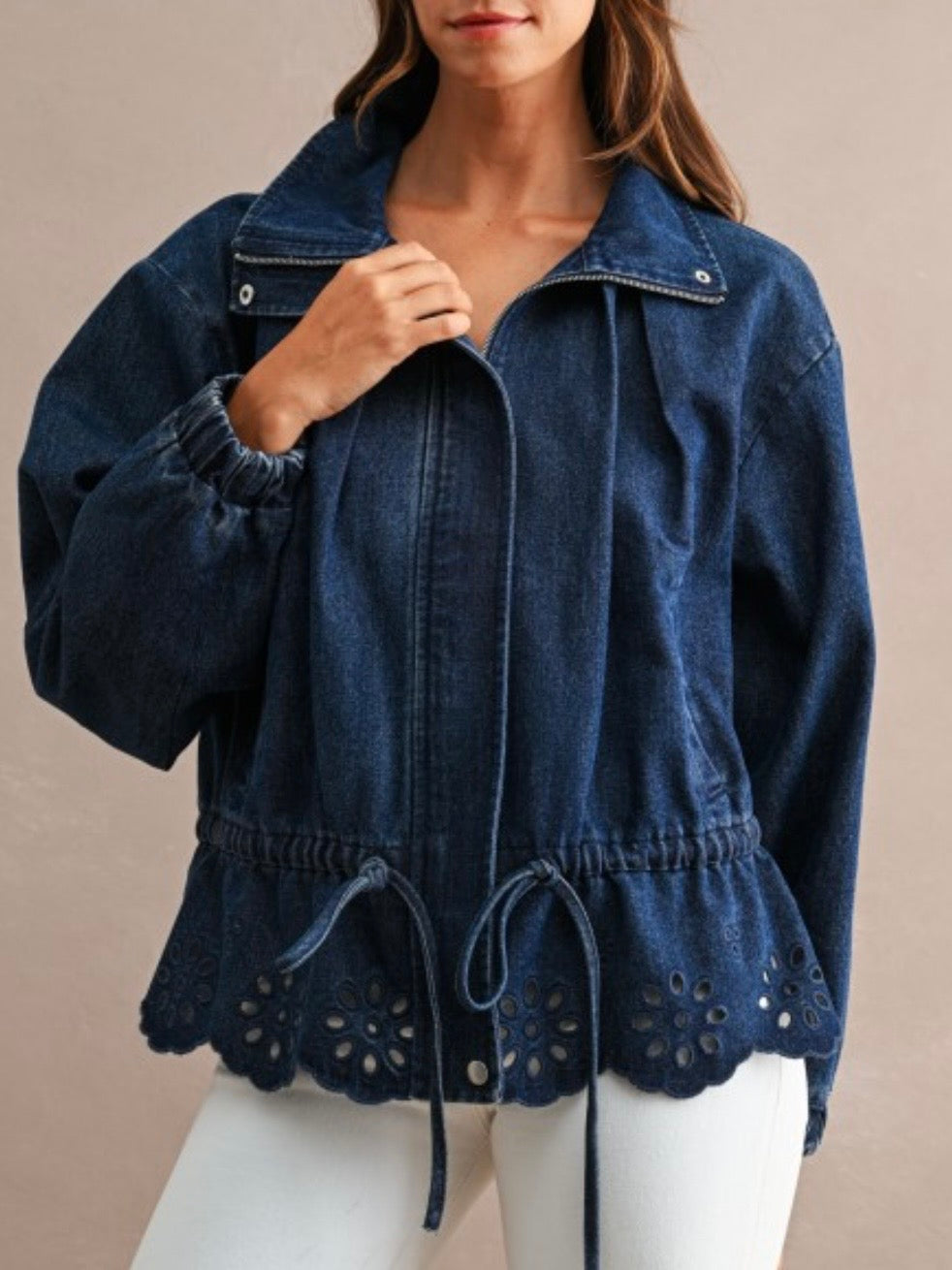 Blue jeans eyelet embroidered trim cutout details jacket