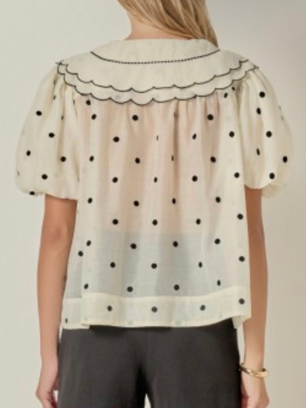 Beige polka dot short bubble sleeves shirt top