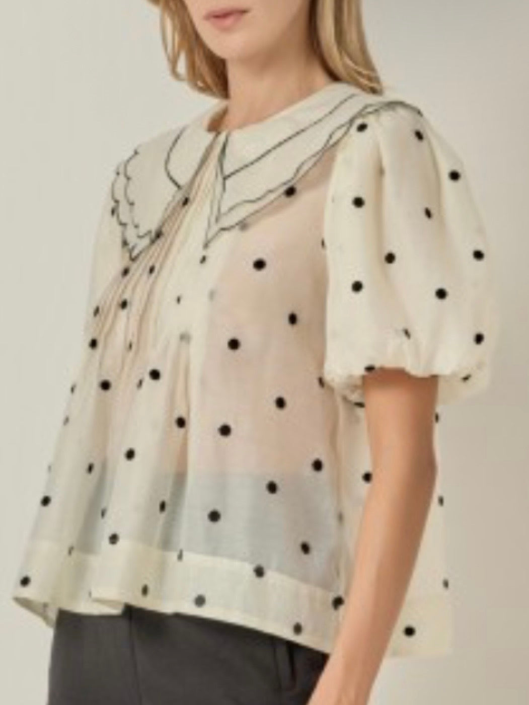 Beige polka dot short bubble sleeves shirt top