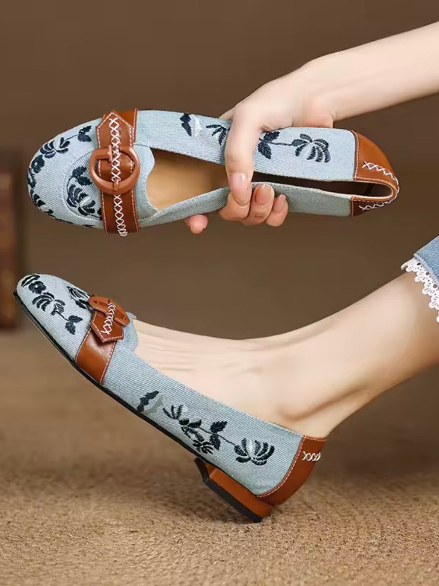 Blue floral slip on loafers moccasins shoes