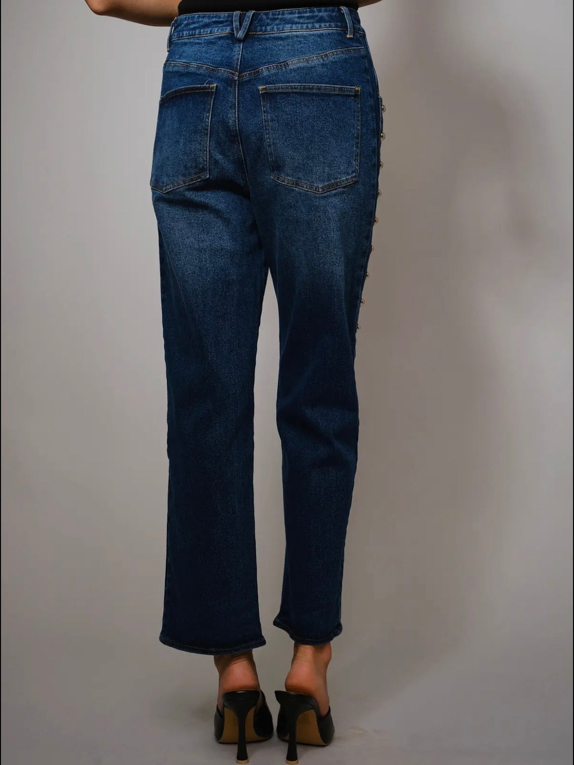 Blue straight jeans pants studded details