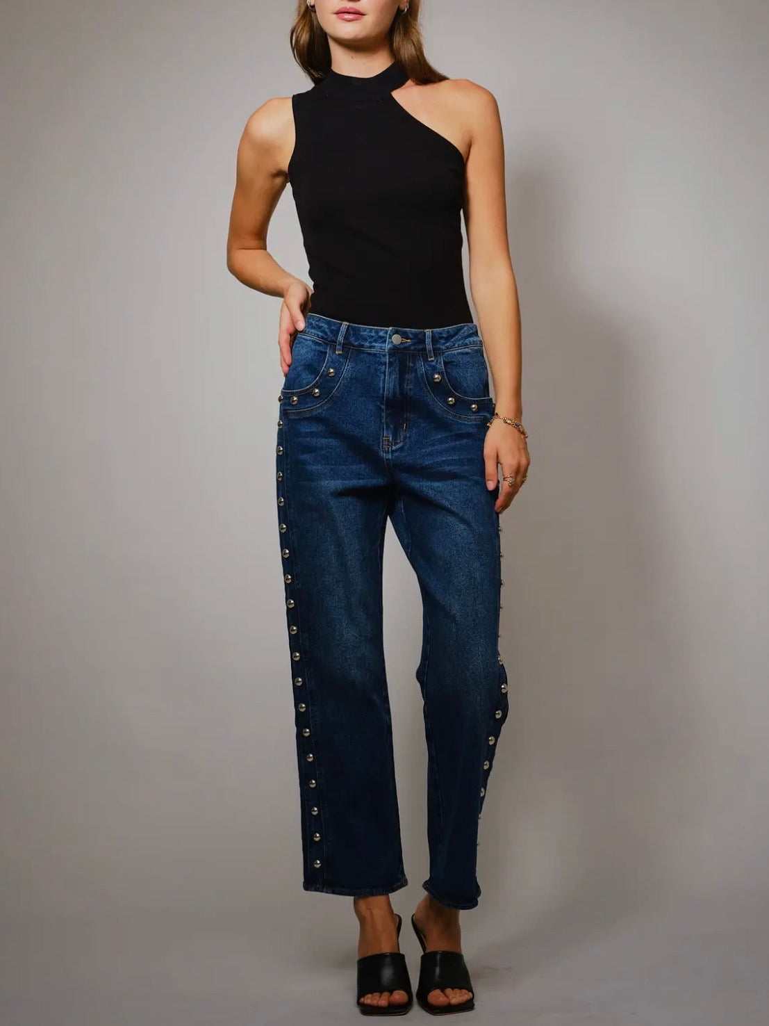 Blue straight jeans pants studded details