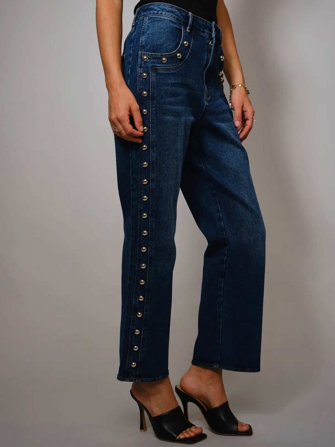 Blue straight jeans pants studded details