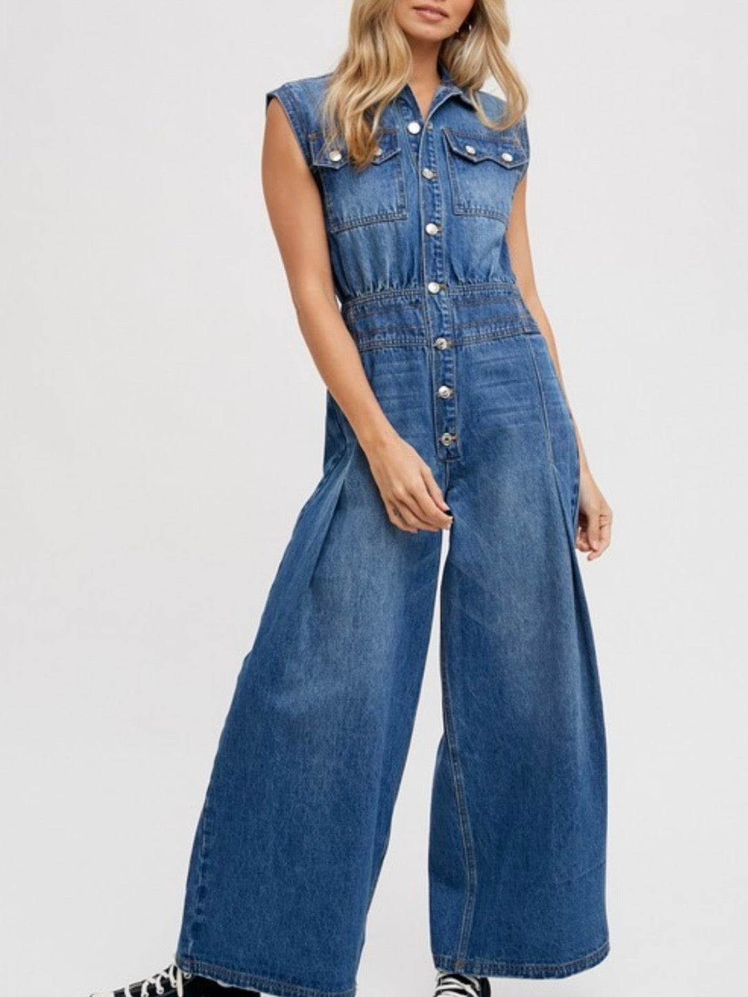 Blue denim sleeveless pleated jumper