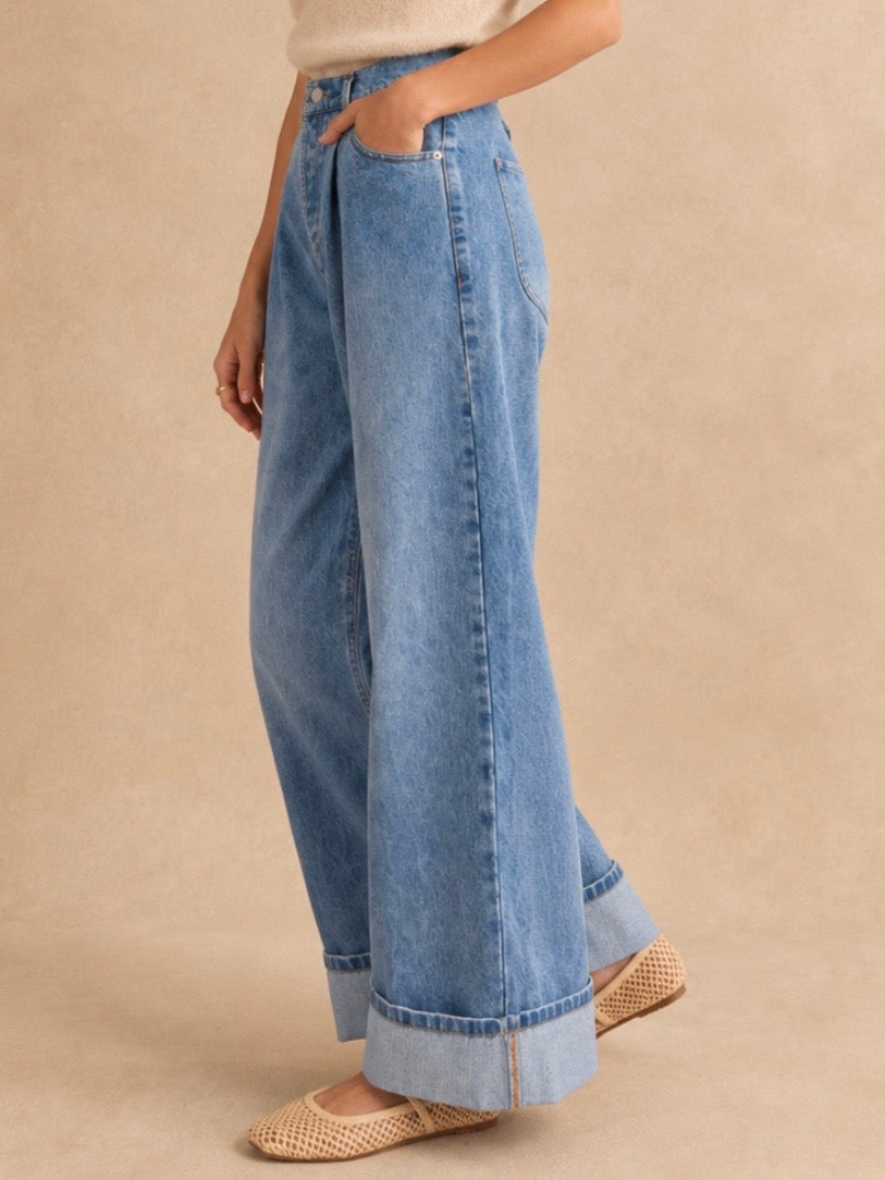 Cuffed Blue jeans barrel wide leg pants
