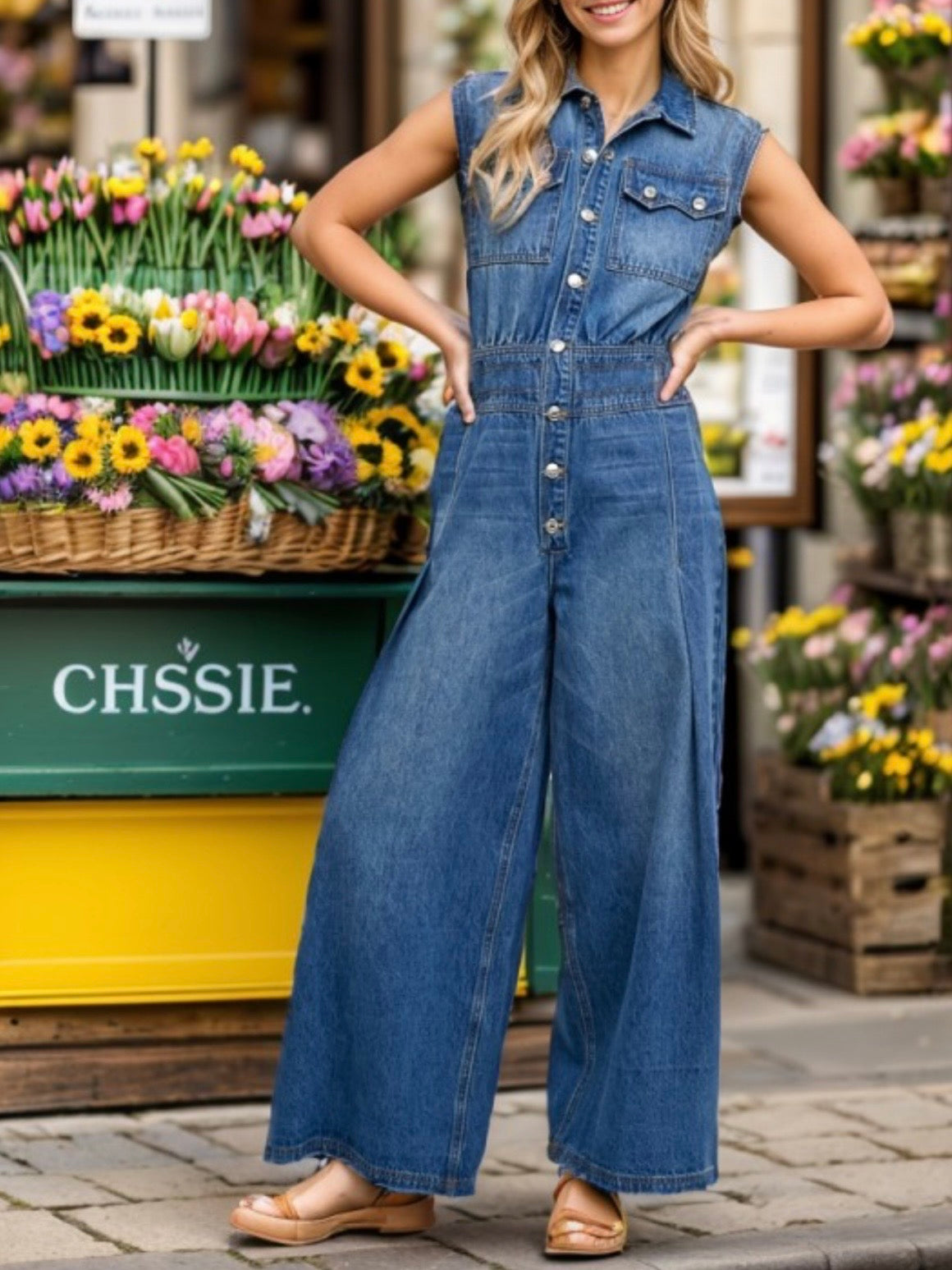 Blue denim sleeveless pleated jumper
