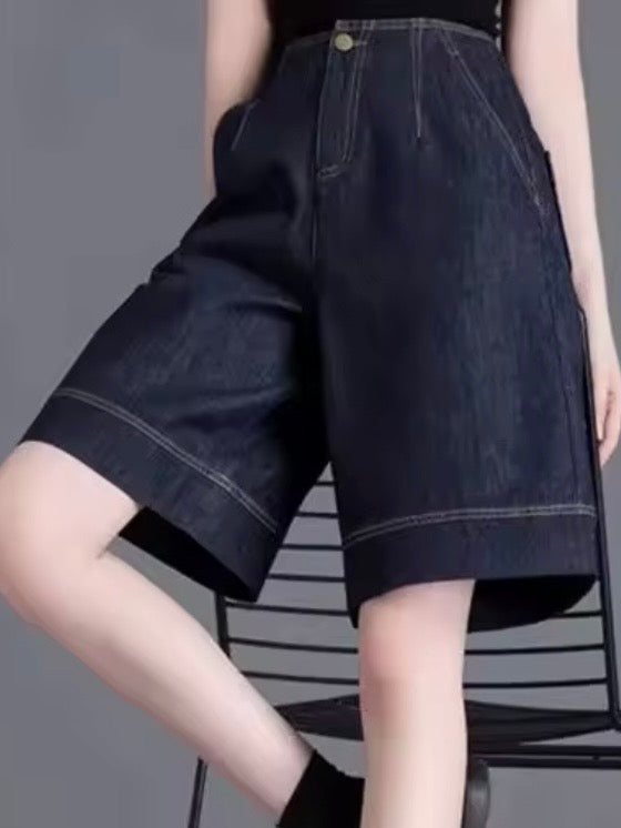 Dark blue plated Bermudas jeans long shorts pants