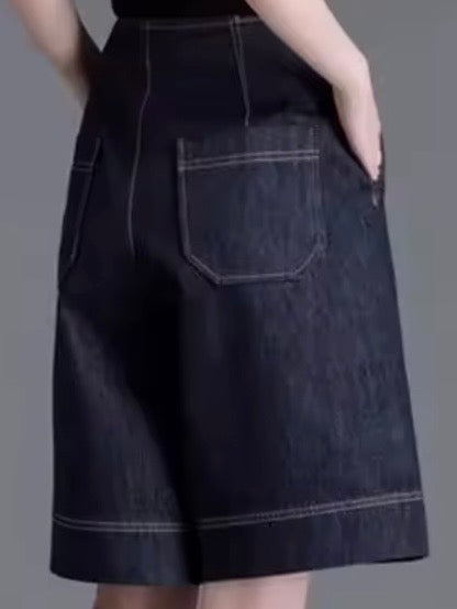 Dark blue plated Bermudas jeans long shorts pants