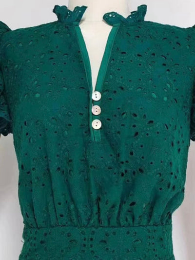 Green lace layered ruffled midi dress