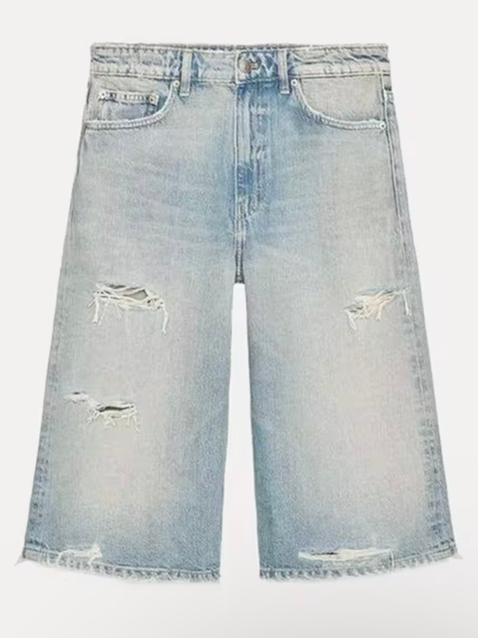 Light blue destroyed Bermudas jeans long shorts pants
