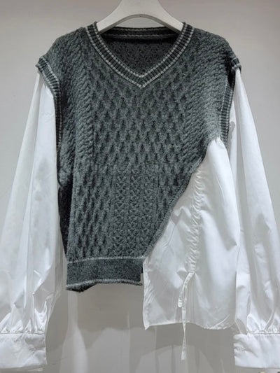 White long sleeves shirt and gray embroidered vest