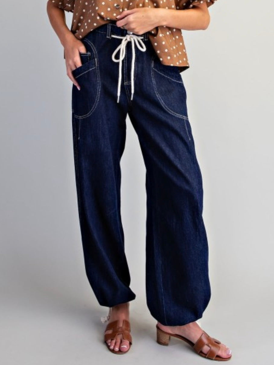 Dark Blue drawstring jeans balloon leg pants