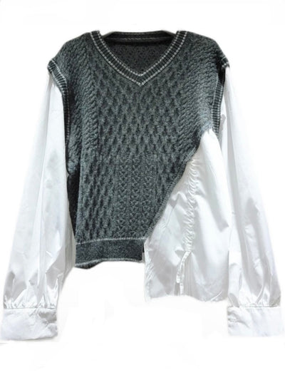 White long sleeves shirt and gray embroidered vest