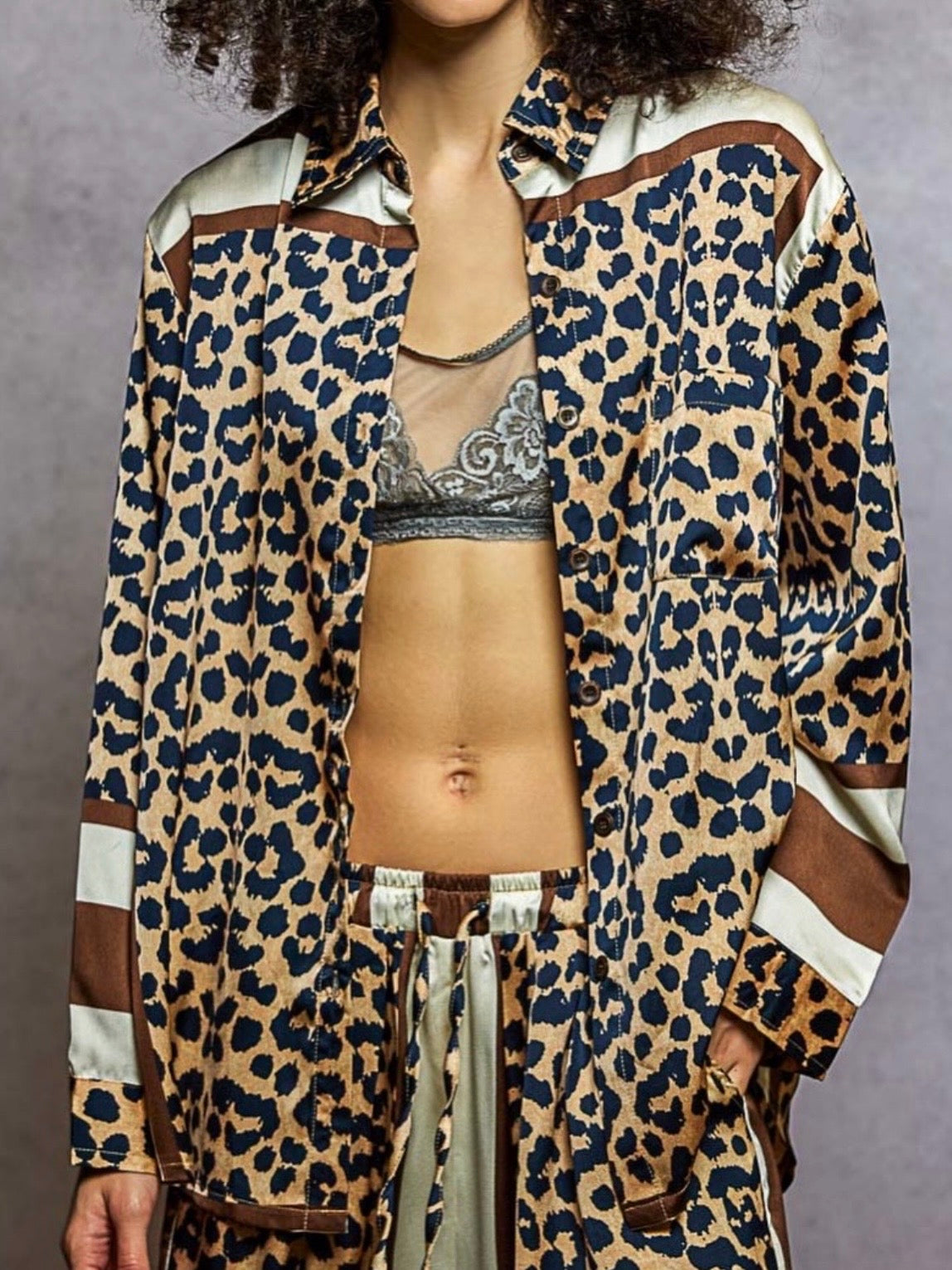 Leopard animal printed mix fabrics patched wide set pants