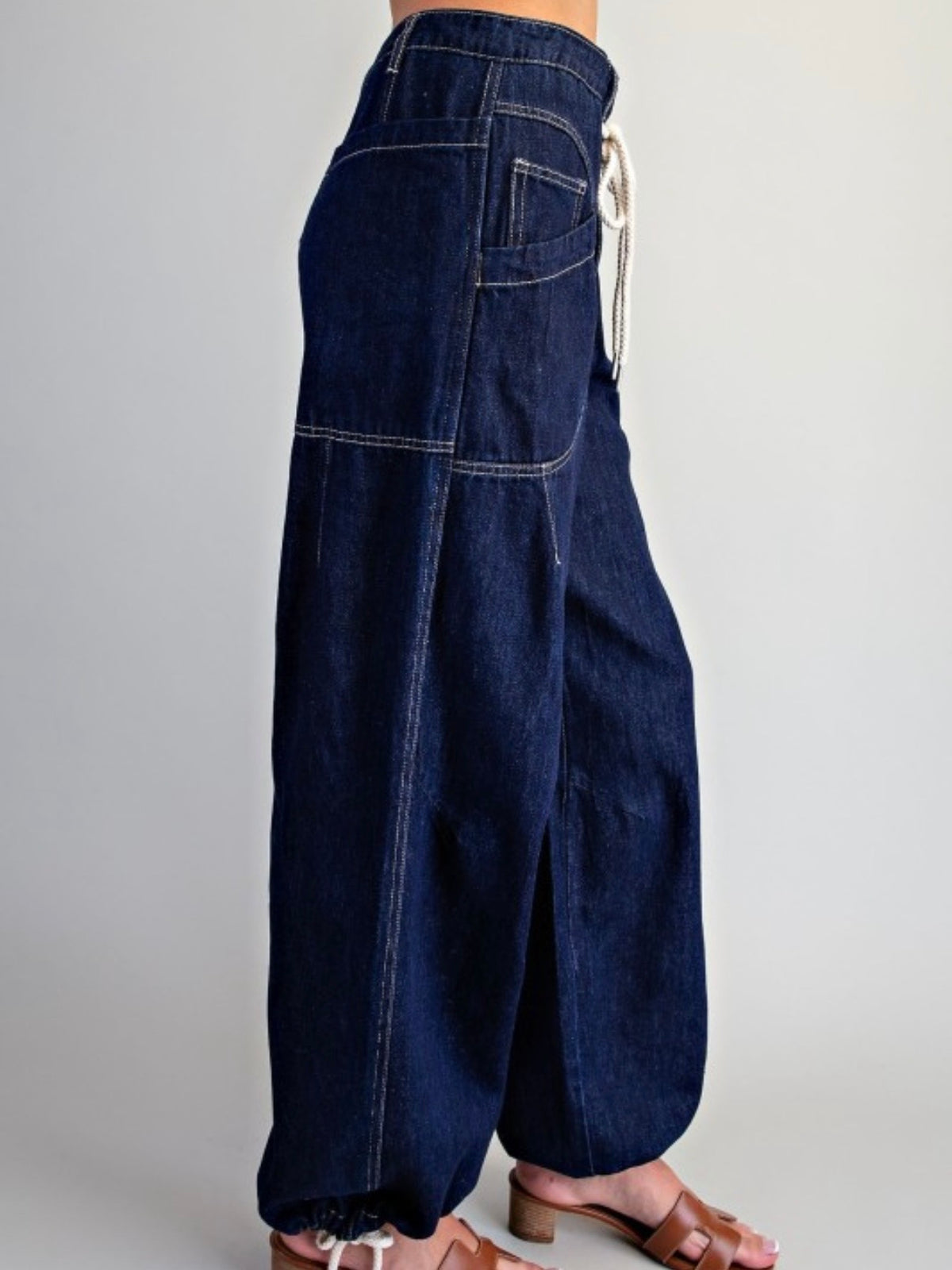 Dark Blue drawstring jeans balloon leg pants