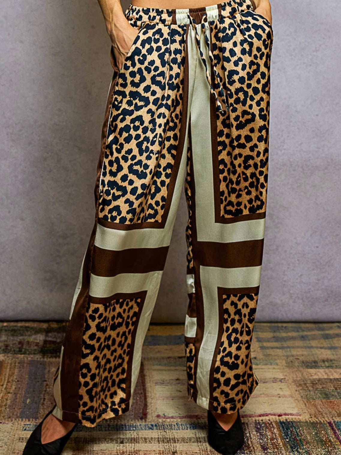 Leopard animal printed mix fabrics patched wide set pants