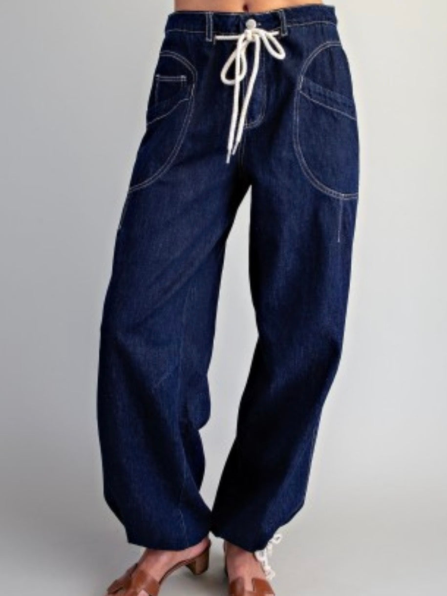 Dark Blue drawstring jeans balloon leg pants