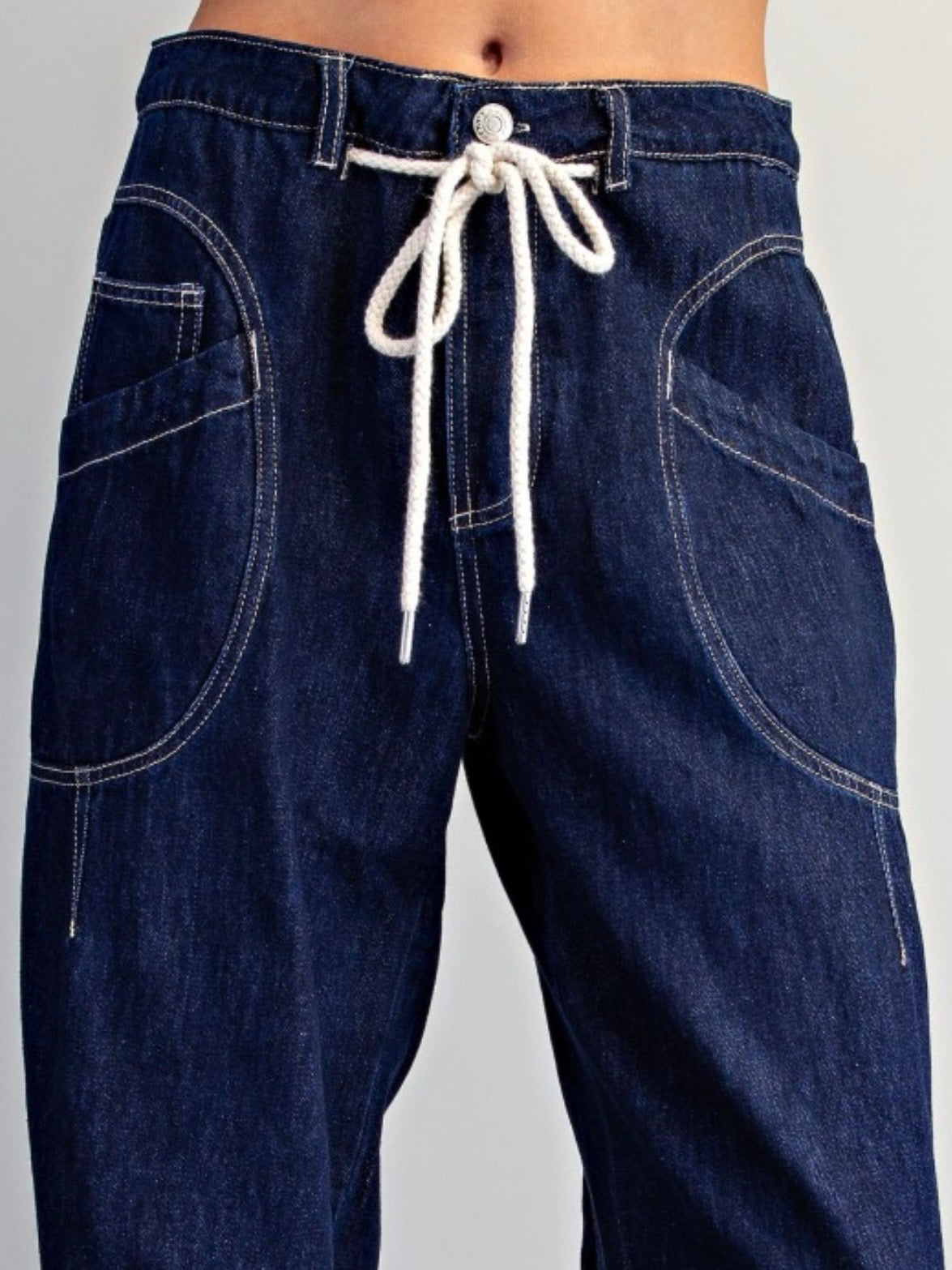 Dark Blue drawstring jeans balloon leg pants