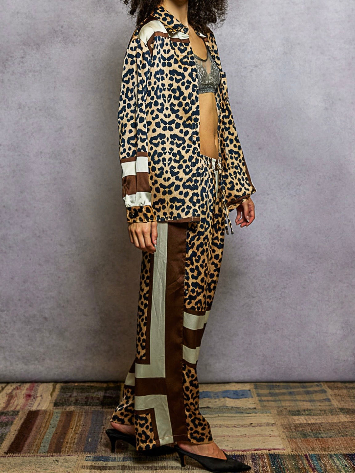 Leopard animal printed mix fabrics patched wide set pants