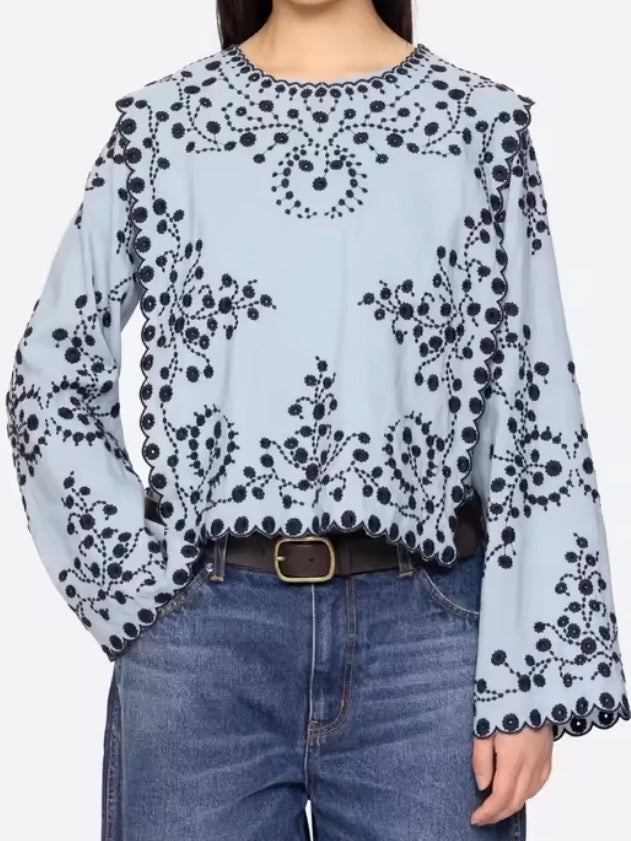 Light blue floral embroidered wide sleeves shirt