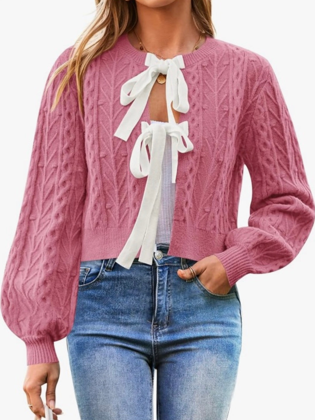 Solid colors texture front bows sweater