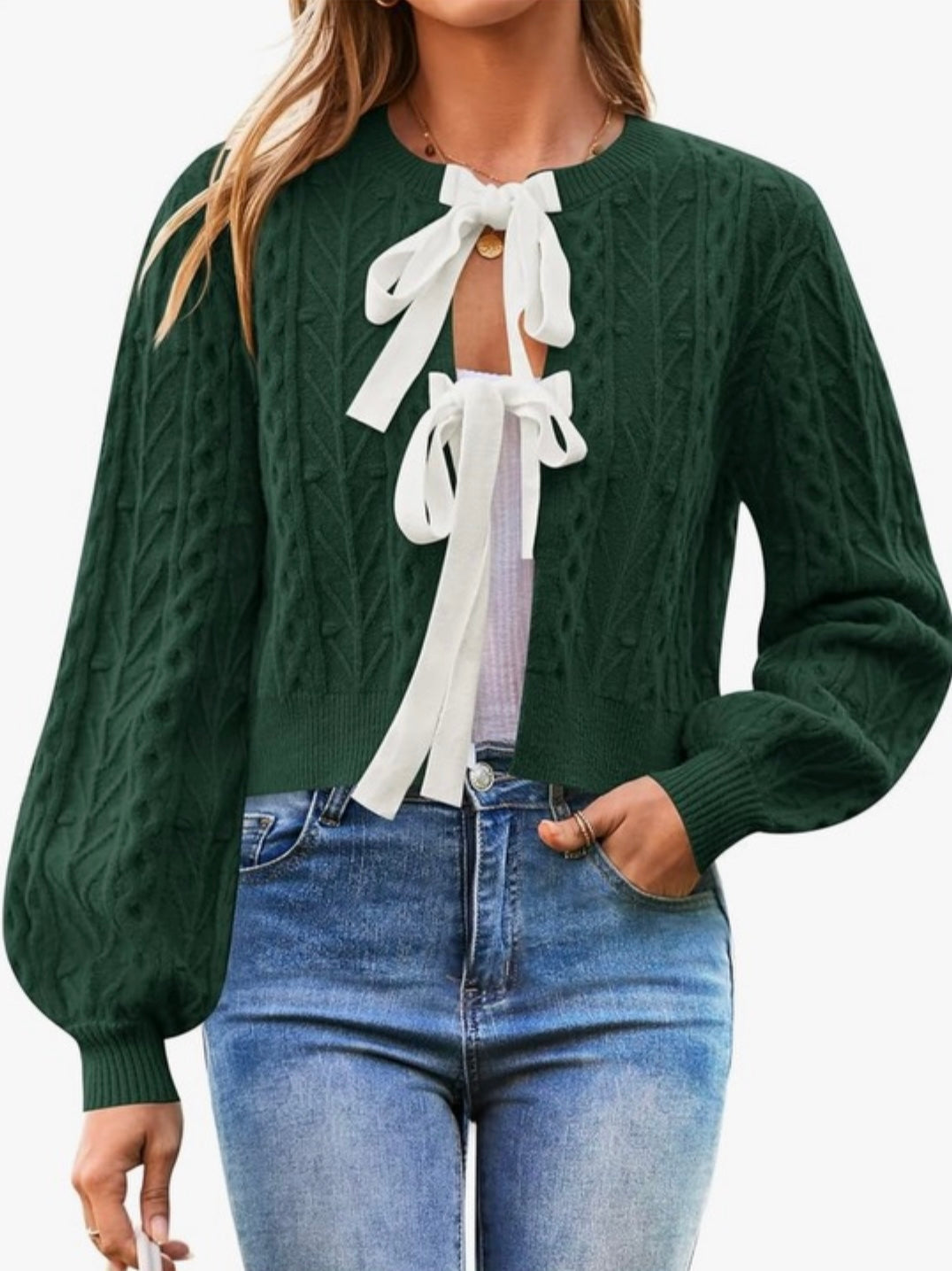 Solid colors texture front bows sweater