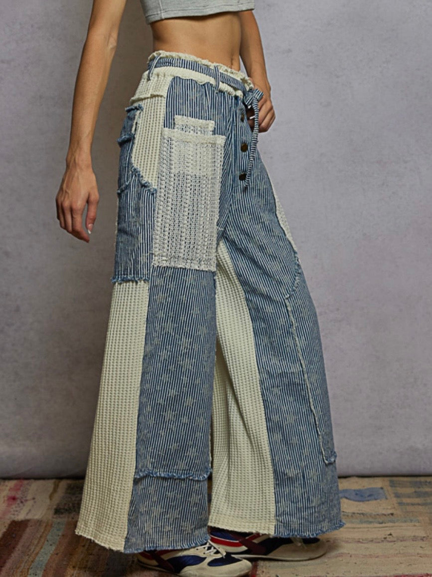 Blue and white mix fabrics patchwork pants