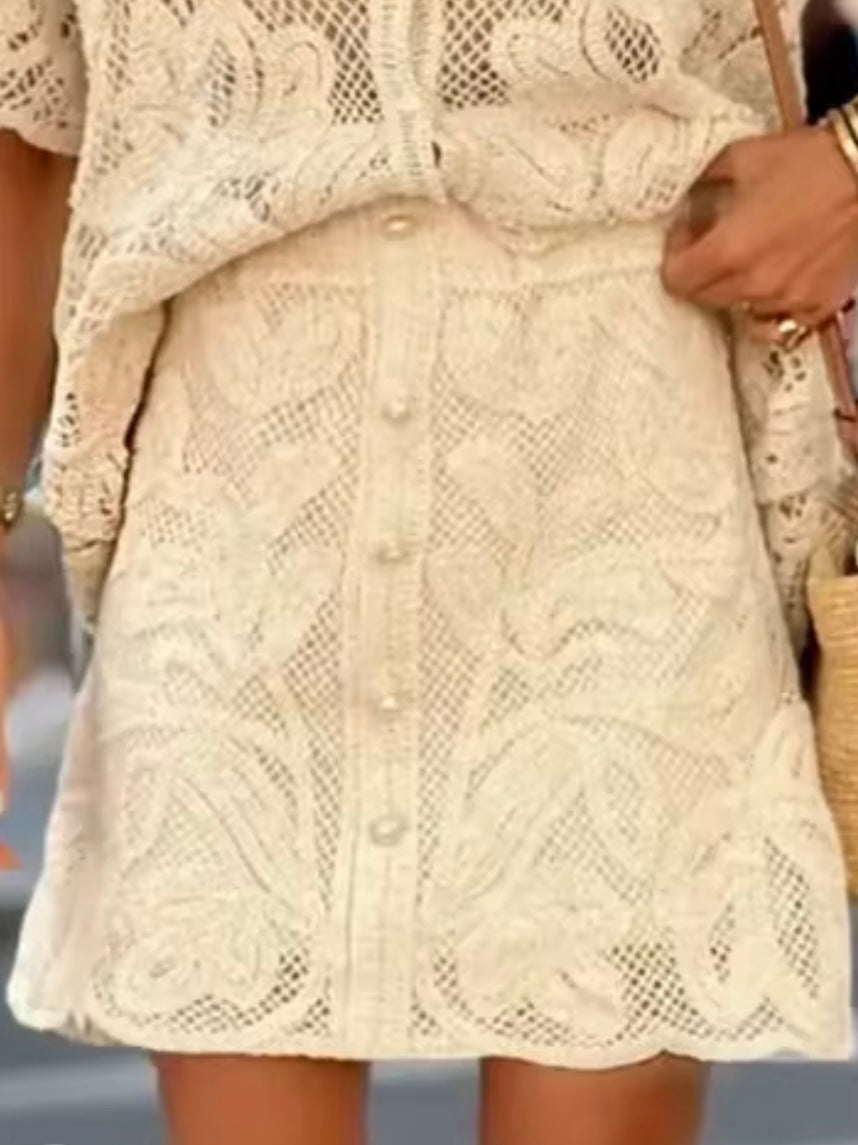 Beige set floral embroidered top and mini skirt