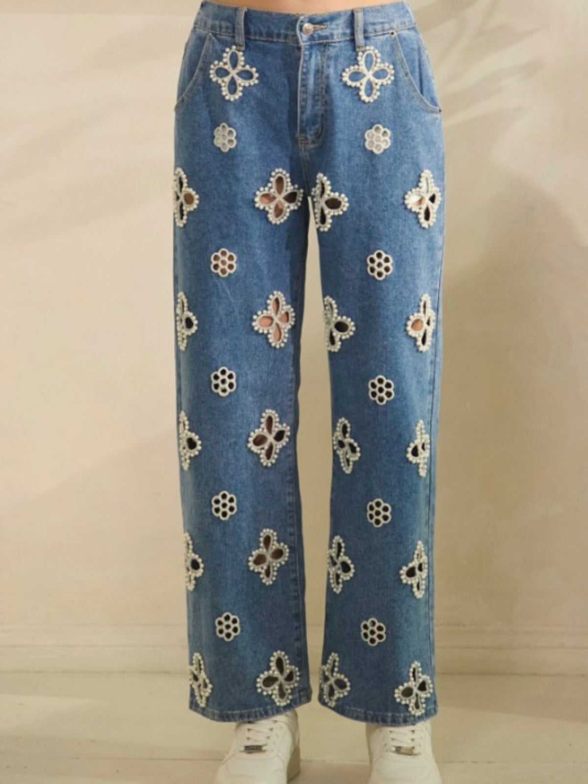 Blue jeans eyelet Floral fabric straight pants