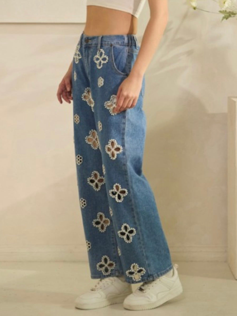 Blue jeans eyelet Floral fabric straight pants