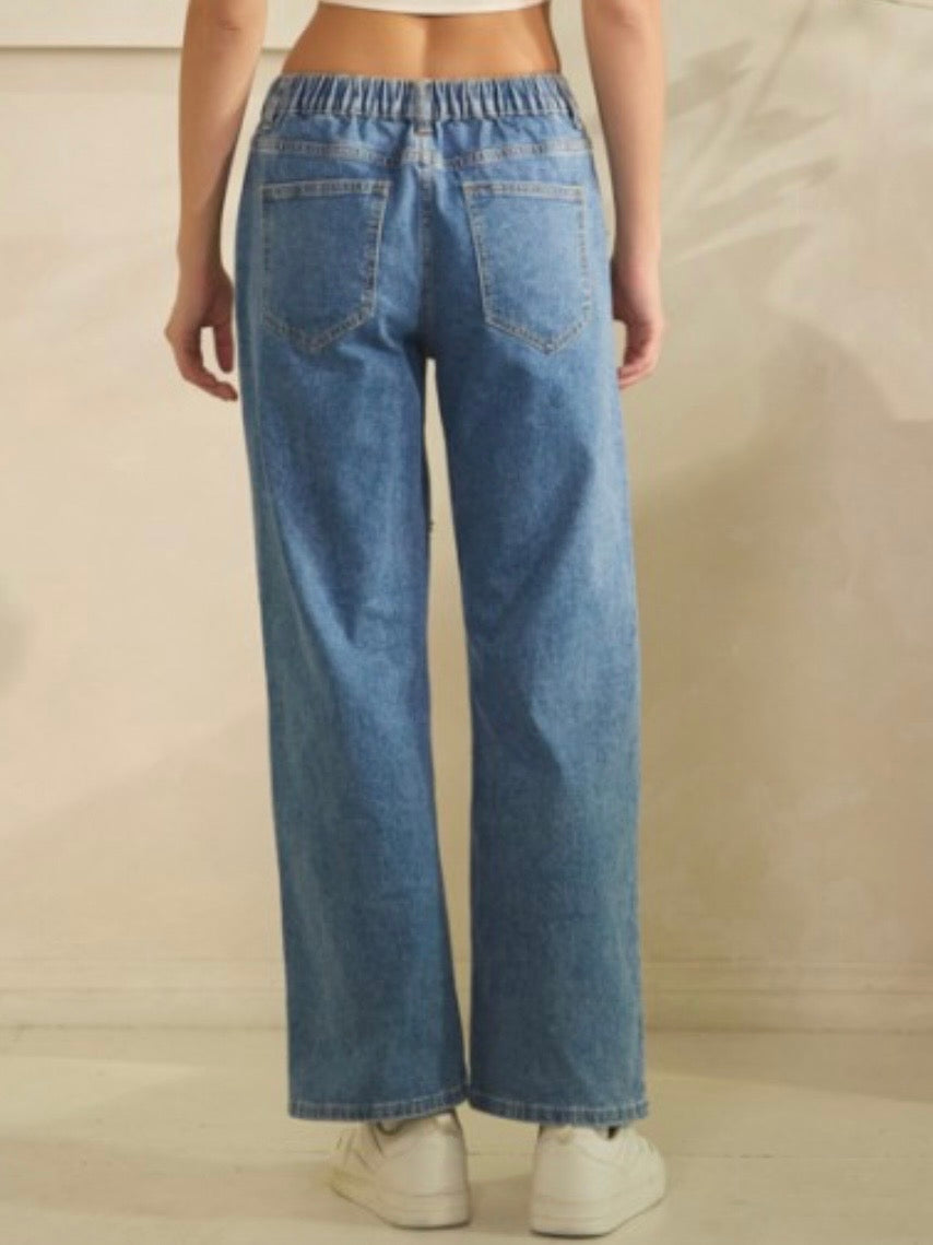 Blue jeans eyelet Floral fabric straight pants