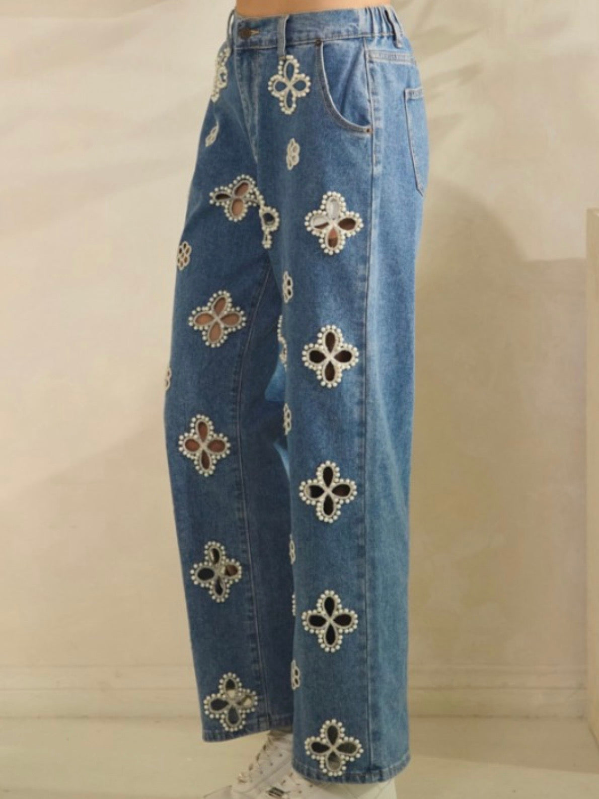 Blue jeans eyelet Floral fabric straight pants
