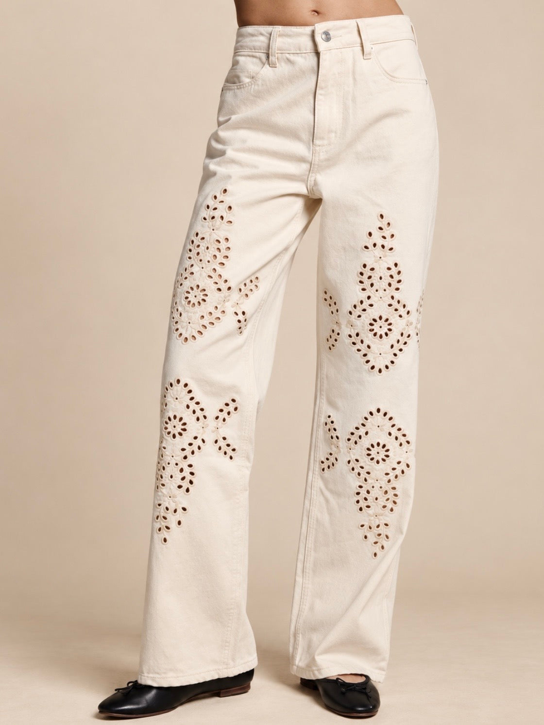 Beige denim eyelet embroidery set of 2 jacket and pants