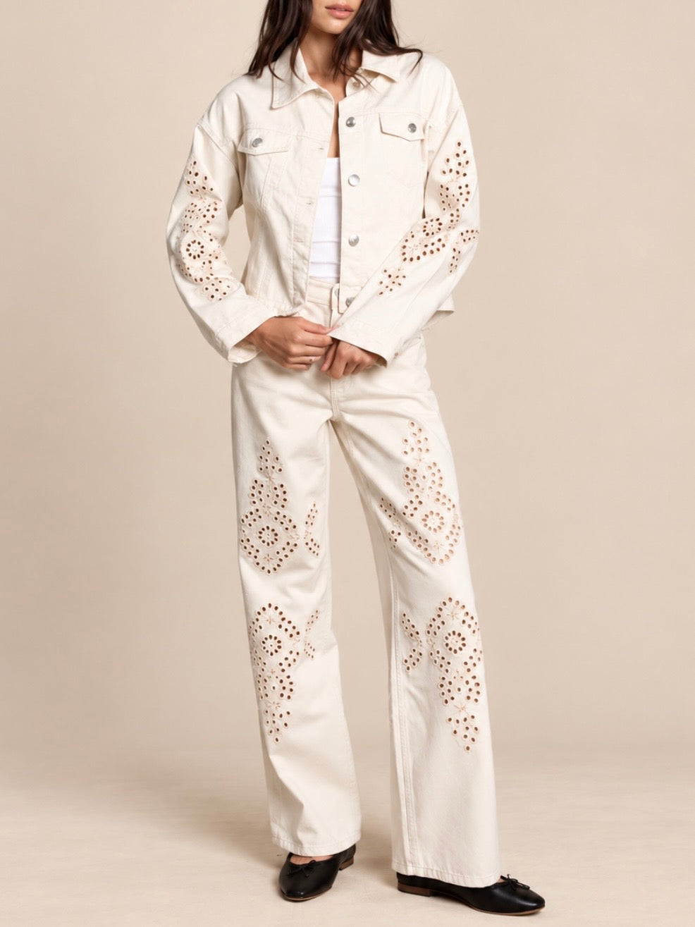 Beige denim eyelet embroidery set of 2 jacket and pants