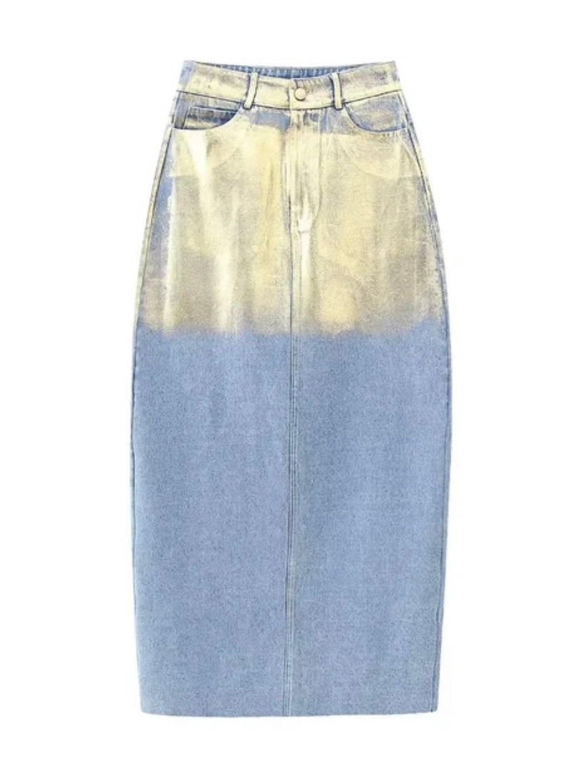 Mid blue and gold denim tube maxi skirt