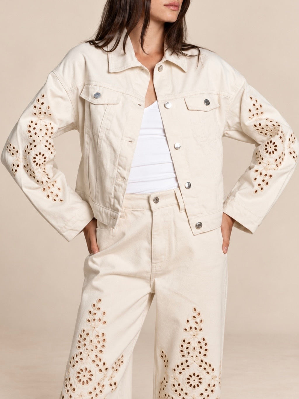 Beige denim eyelet embroidery set of 2 jacket and pants