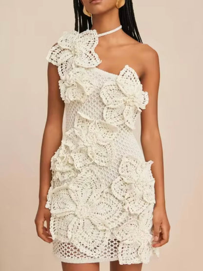 White sleeveless one shoulder flowers crochet mini dress