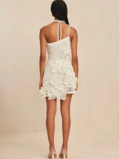 White sleeveless one shoulder flowers crochet mini dress